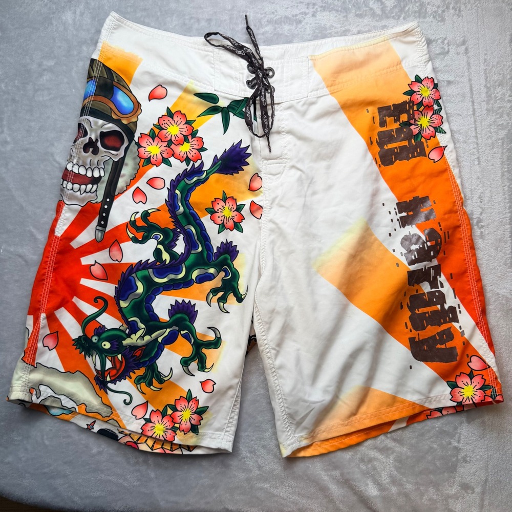 Ed Hardy Mens Board Shorts White Orange Dragon Skull Geisha Swim Trunks Size 38
